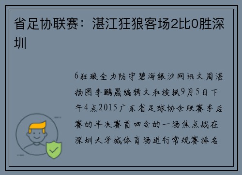 省足协联赛：湛江狂狼客场2比0胜深圳